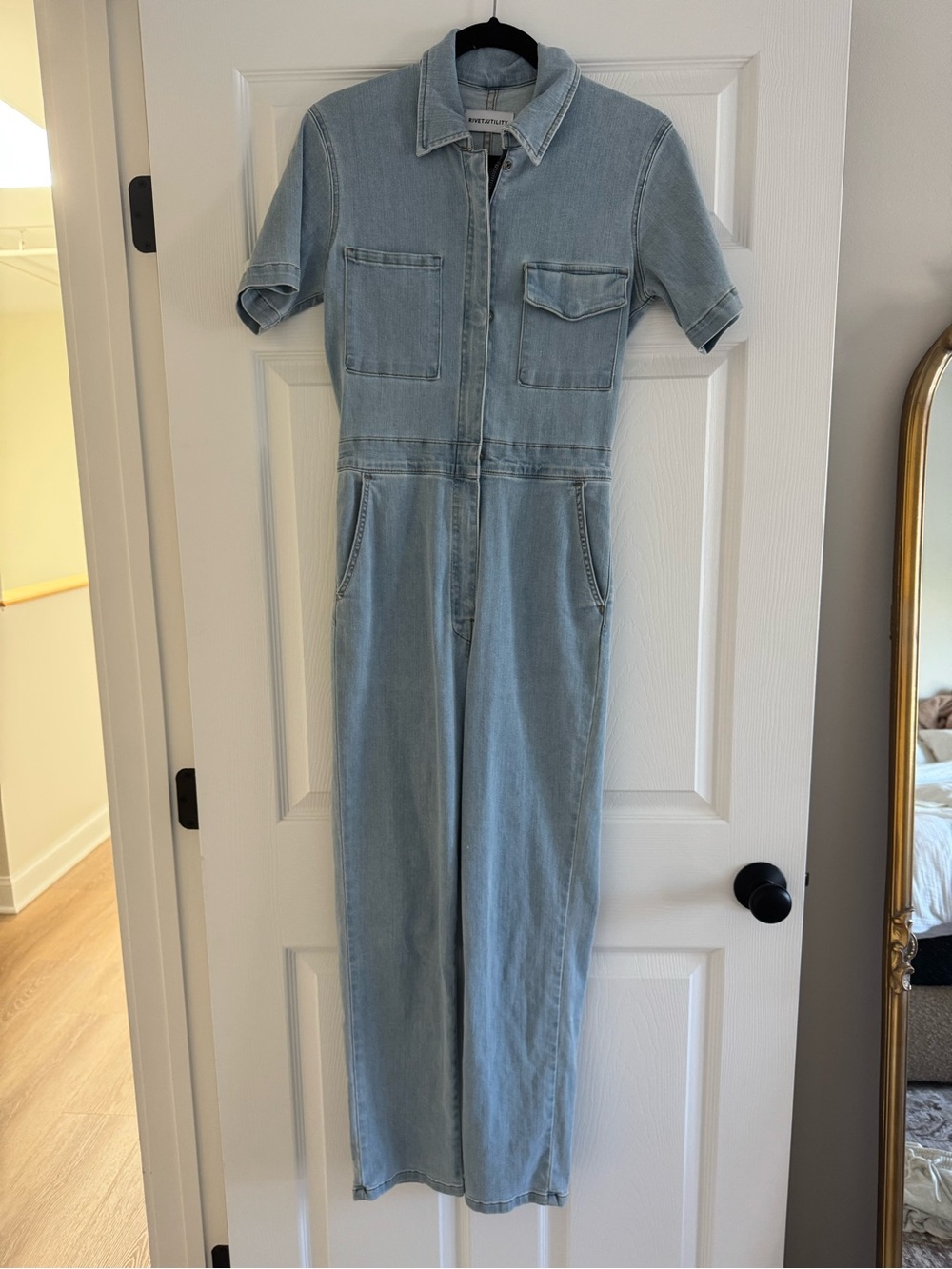 Light Wash Denim Short-Sleeve Jumpsuit